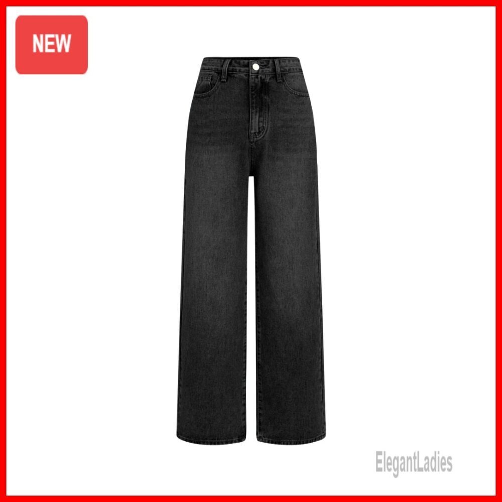 High Waisted Wide Leg Denim Jeans Straight Cut Non-Stretch Casual Pants